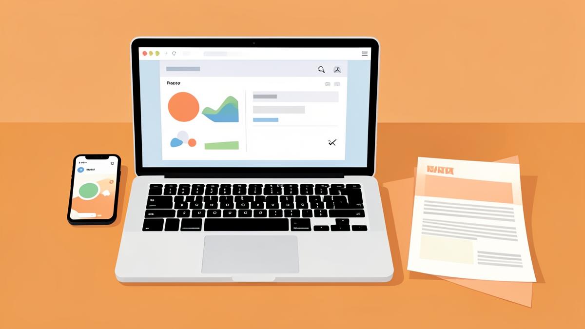 A Scottsdale Arizona business owner's desk with a laptop showing search results, a phone showing social ads, and a printed mailer