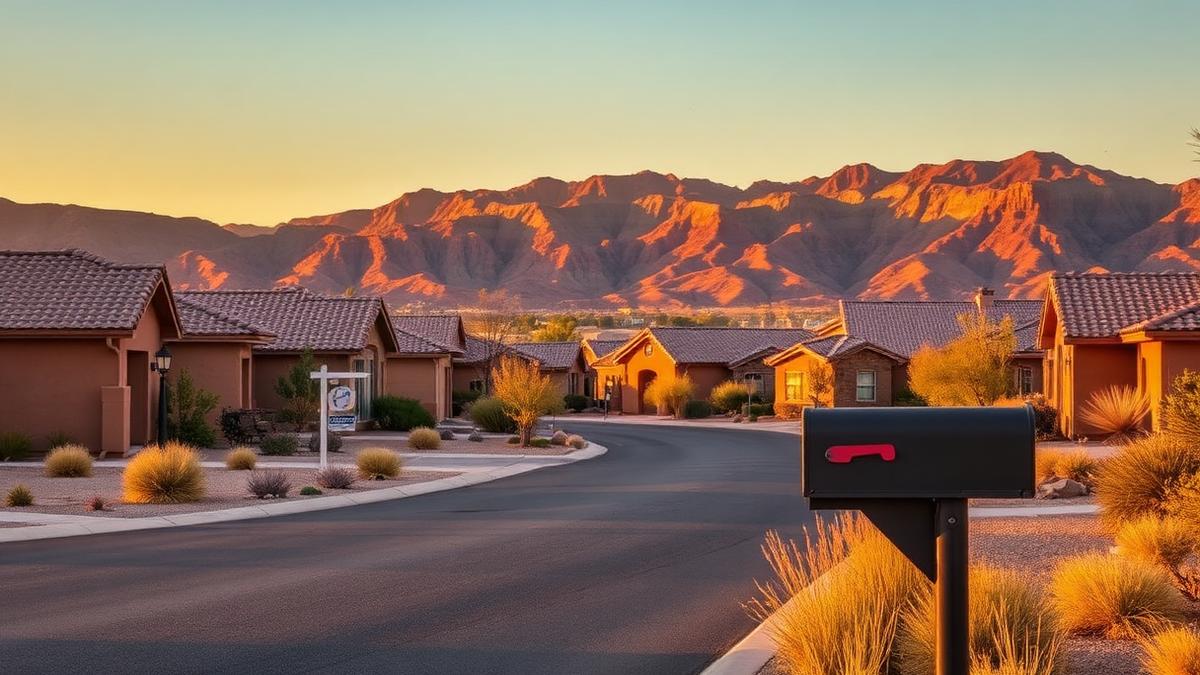 Street of desert-landscaped single family homes in Scottsdale Arizona at golden hour